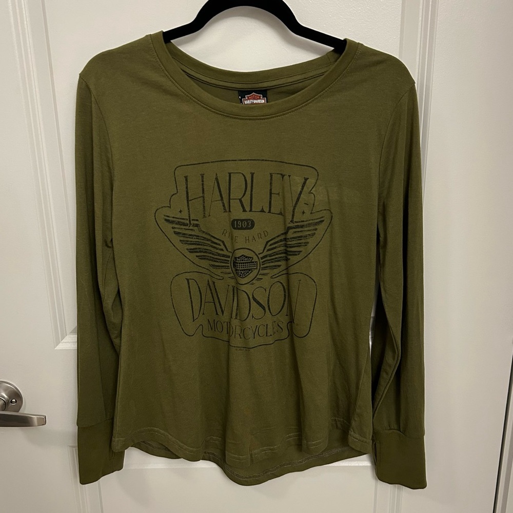 Olive green bedazzled harley davidson long sleeve with thumb holes